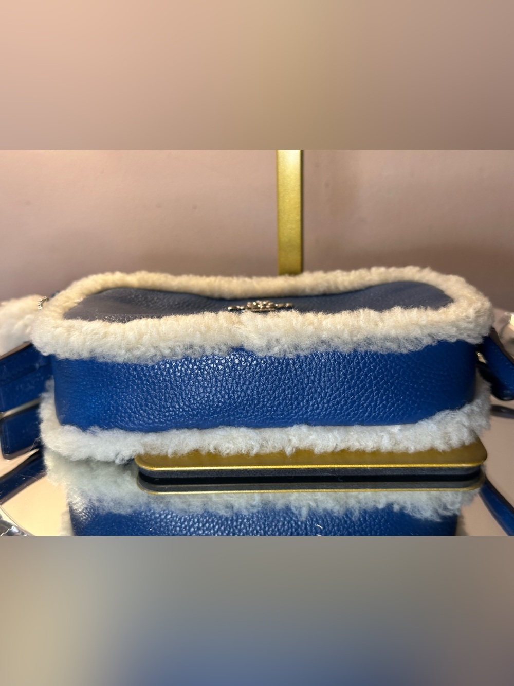 Coach Blue Pebbled Leather Crossbody with White Shearling Trim - Picture 5 of 14